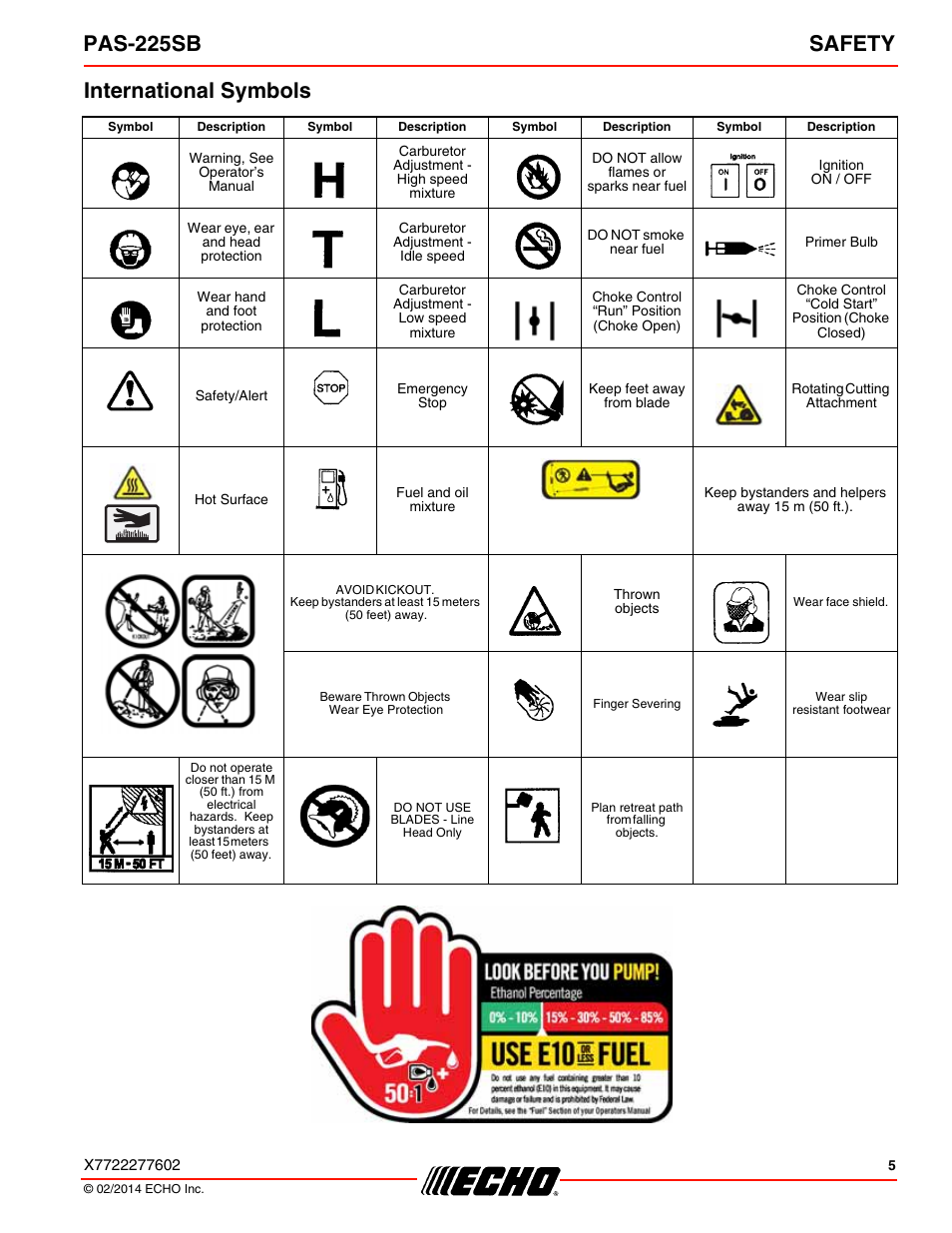 International symbols, Pas-225sb safety | Echo PAS-225SB User Manual | Page 5 / 36