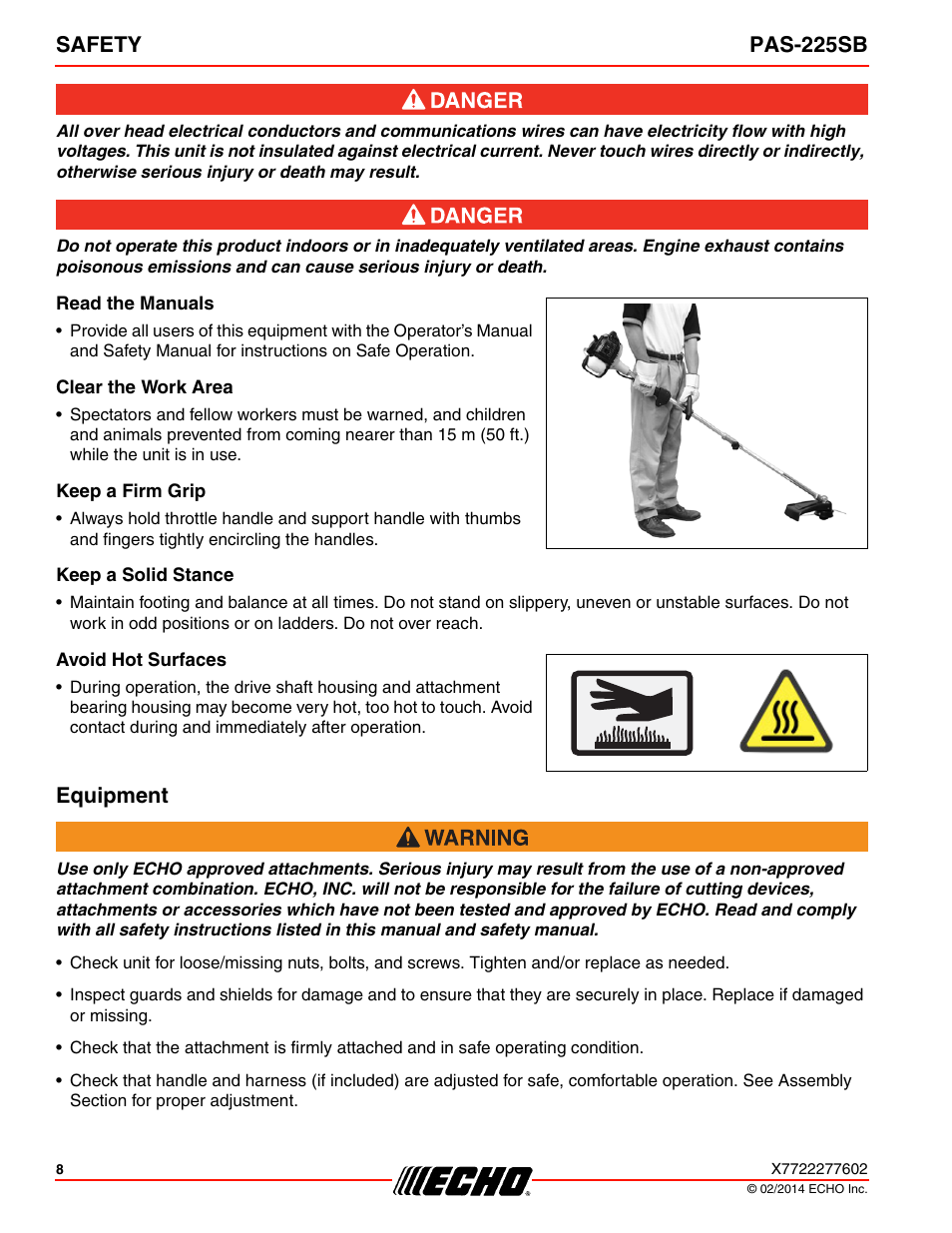 Read the manuals, Clear the work area, Keep a firm grip | Keep a solid stance, Avoid hot surfaces, Equipment, Safety pas-225sb | Echo PAS-225SB User Manual | Page 8 / 36