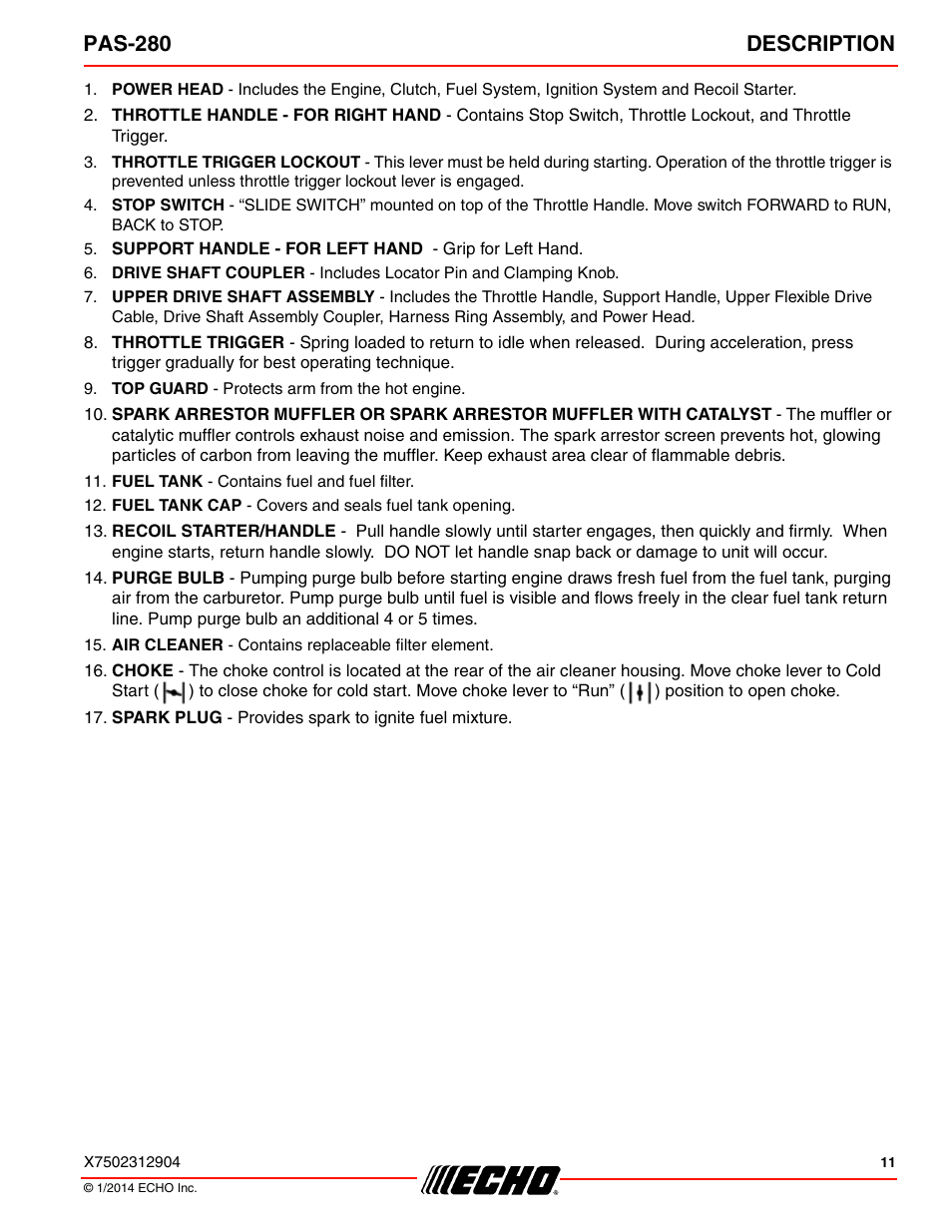 Pas-280 description | Echo PAS-280 User Manual | Page 11 / 32