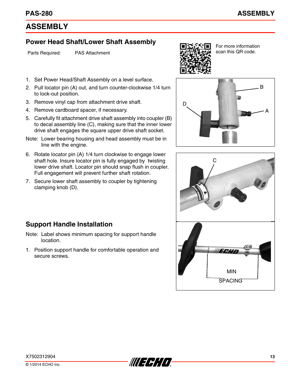 Assembly, Power head shaft/lower shaft assembly, Support handle installation | Pas-280 assembly | Echo PAS-280 User Manual | Page 13 / 32