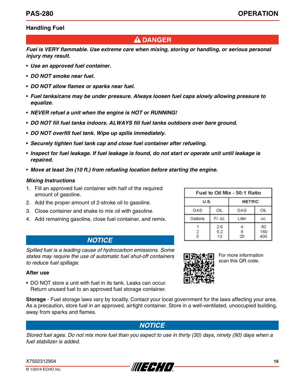 Handling fuel, Pas-280 operation | Echo PAS-280 User Manual | Page 15 / 32