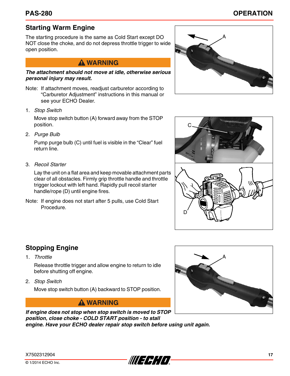 Starting warm engine, Stopping engine, Pas-280 operation | Echo PAS-280 User Manual | Page 17 / 32