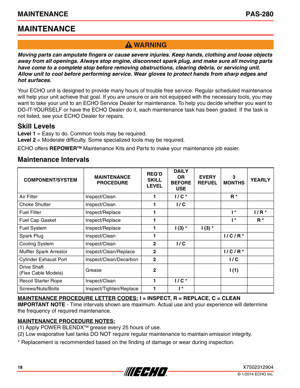 Maintenance, Skill levels, Maintenance intervals | Skill levels maintenance intervals, Maintenance pas-280 | Echo PAS-280 User Manual | Page 18 / 32