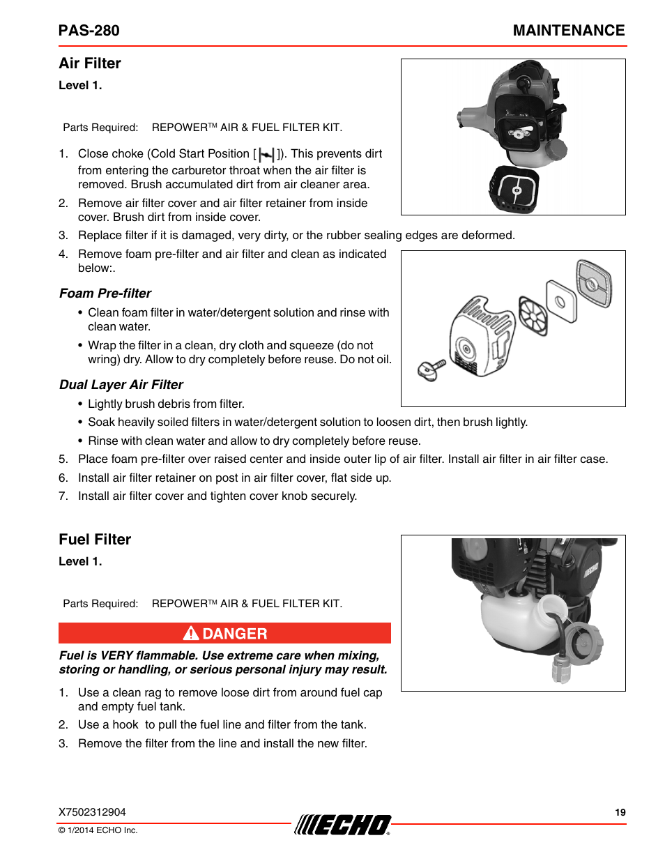 Air filter, Foam pre-filter, Dual layer air filter | Fuel filter, Pas-280 maintenance | Echo PAS-280 User Manual | Page 19 / 32