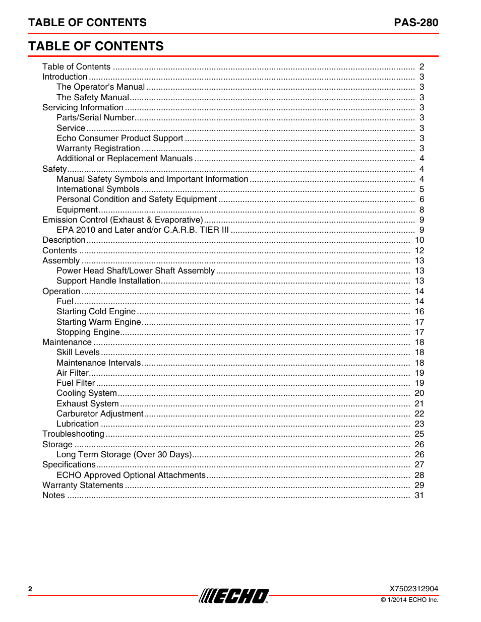 Echo PAS-280 User Manual | Page 2 / 32