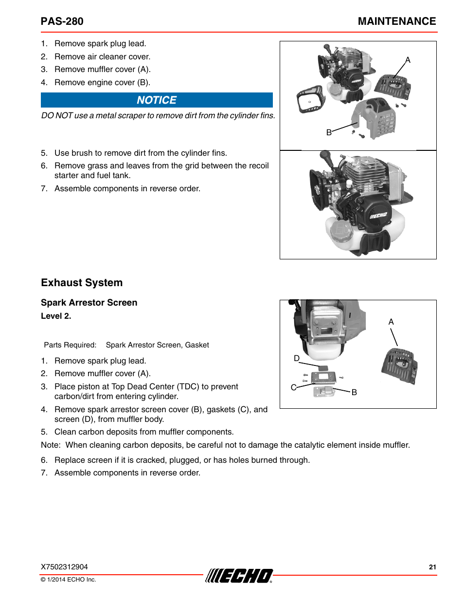 Exhaust system, Spark arrestor screen, Pas-280 maintenance | Echo PAS-280 User Manual | Page 21 / 32