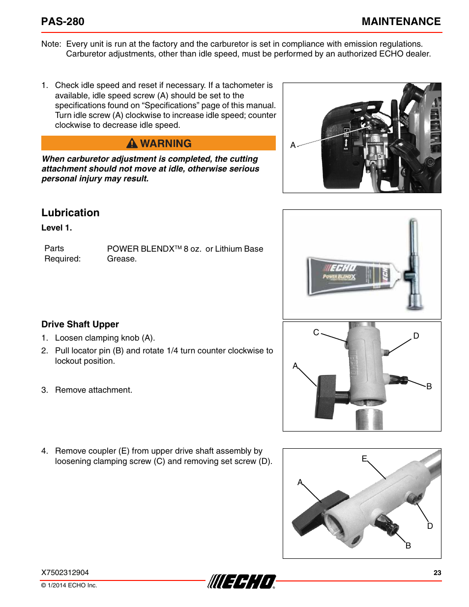 Lubrication, Drive shaft upper, Pas-280 maintenance | Echo PAS-280 User Manual | Page 23 / 32