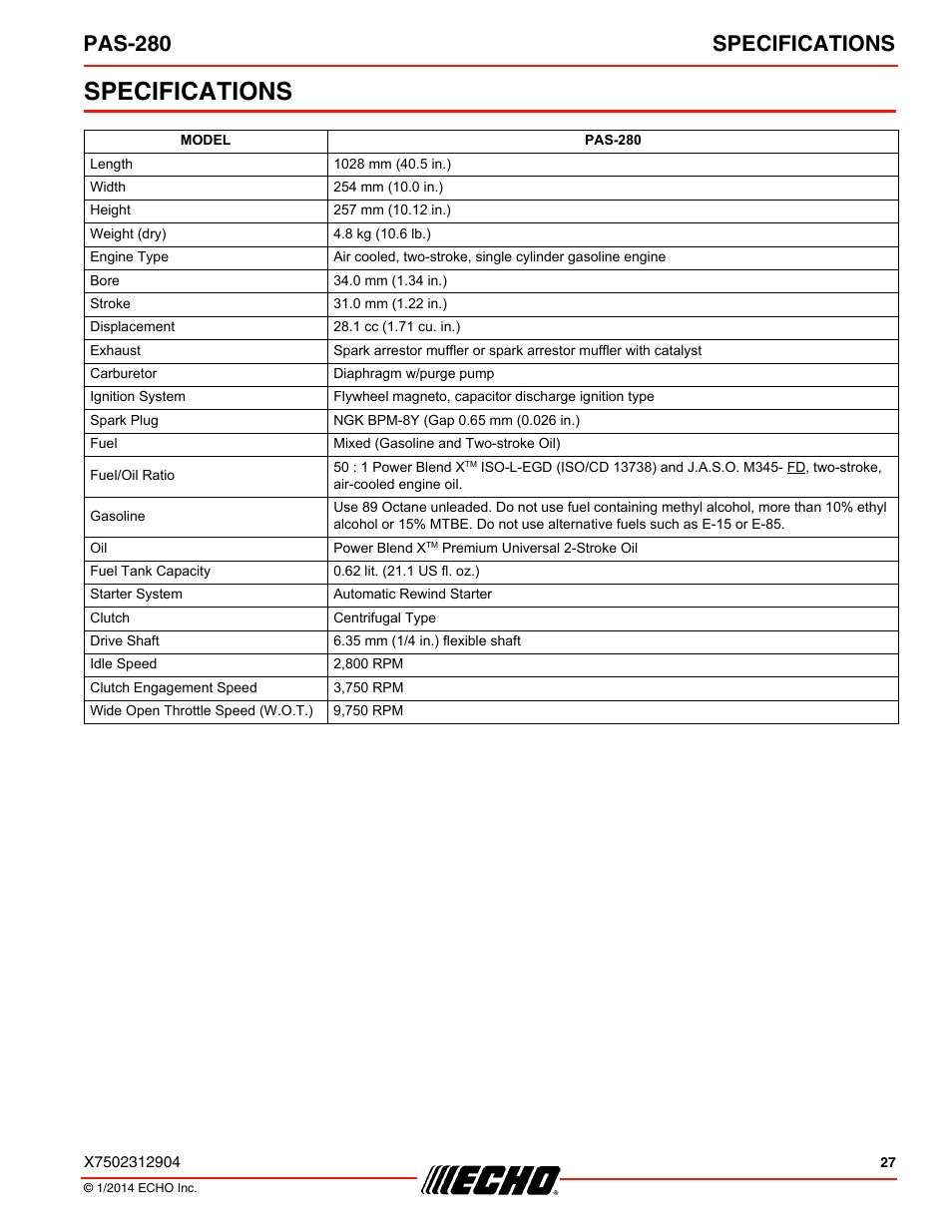 Specifications, Pas-280 specifications | Echo PAS-280 User Manual | Page 27 / 32