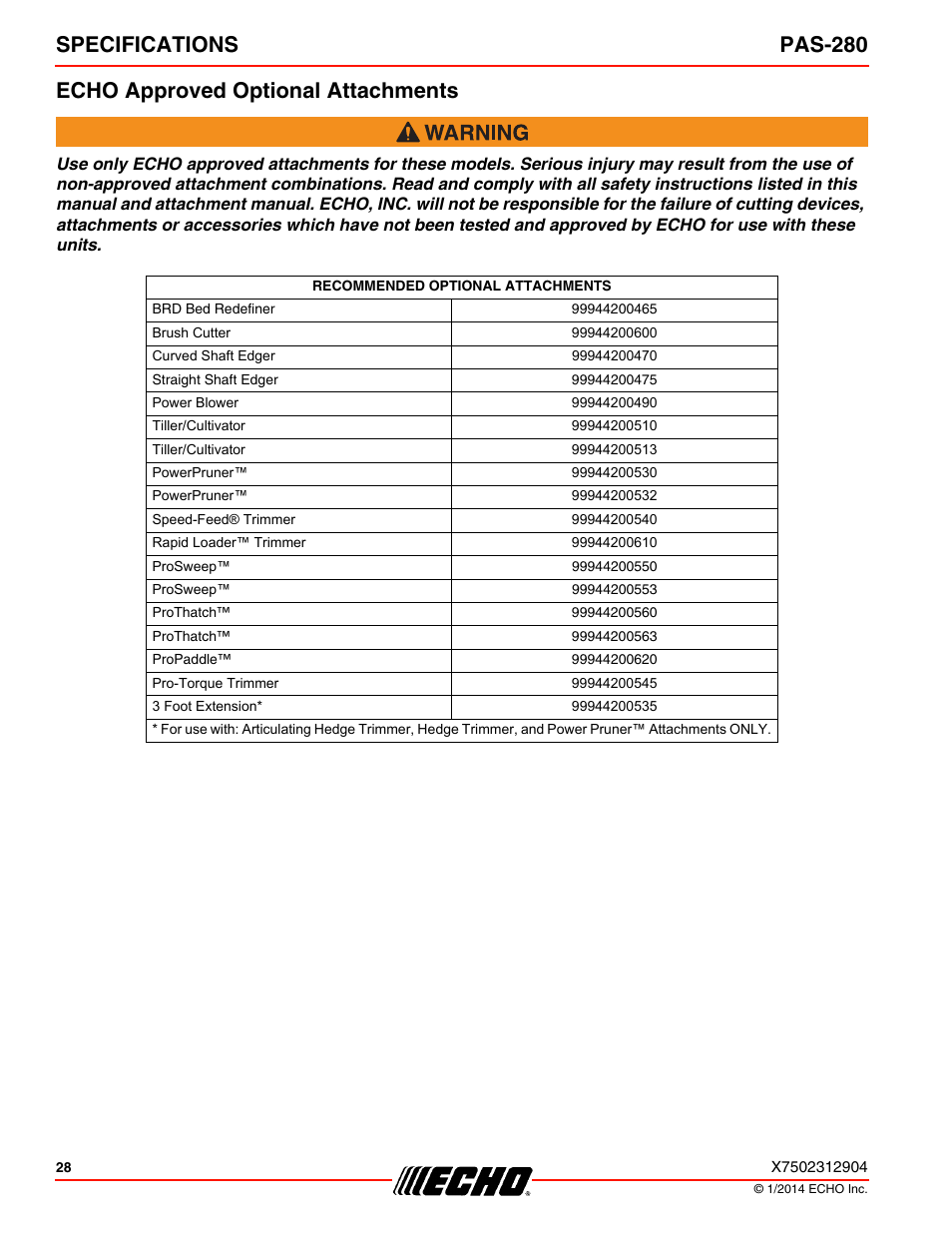 Echo approved optional attachments | Echo PAS-280 User Manual | Page 28 / 32