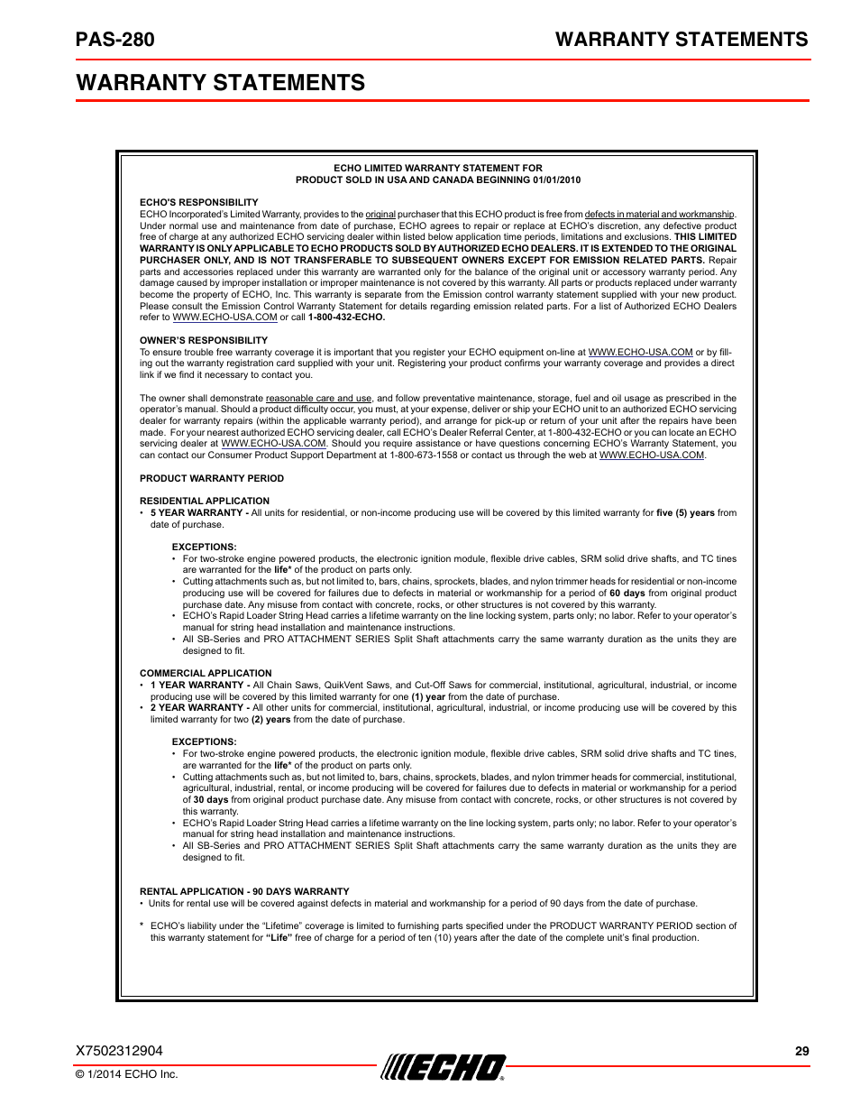 Warranty statements, Pas-280 warranty statements | Echo PAS-280 User Manual | Page 29 / 32