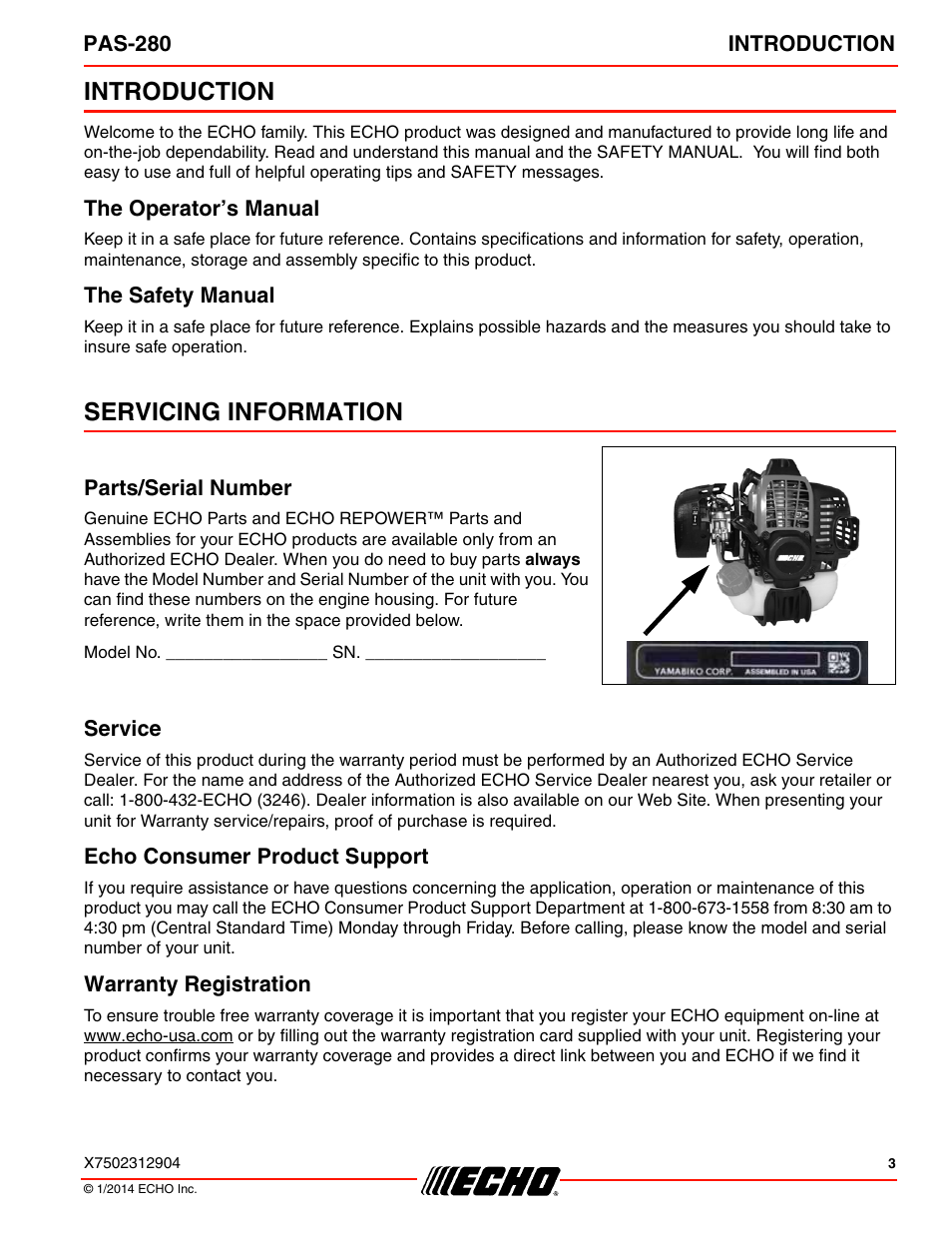 Introduction, The operator’s manual, The safety manual | Servicing information, Parts/serial number, Service, Echo consumer product support, Warranty registration, The operator’s manual the safety manual | Echo PAS-280 User Manual | Page 3 / 32