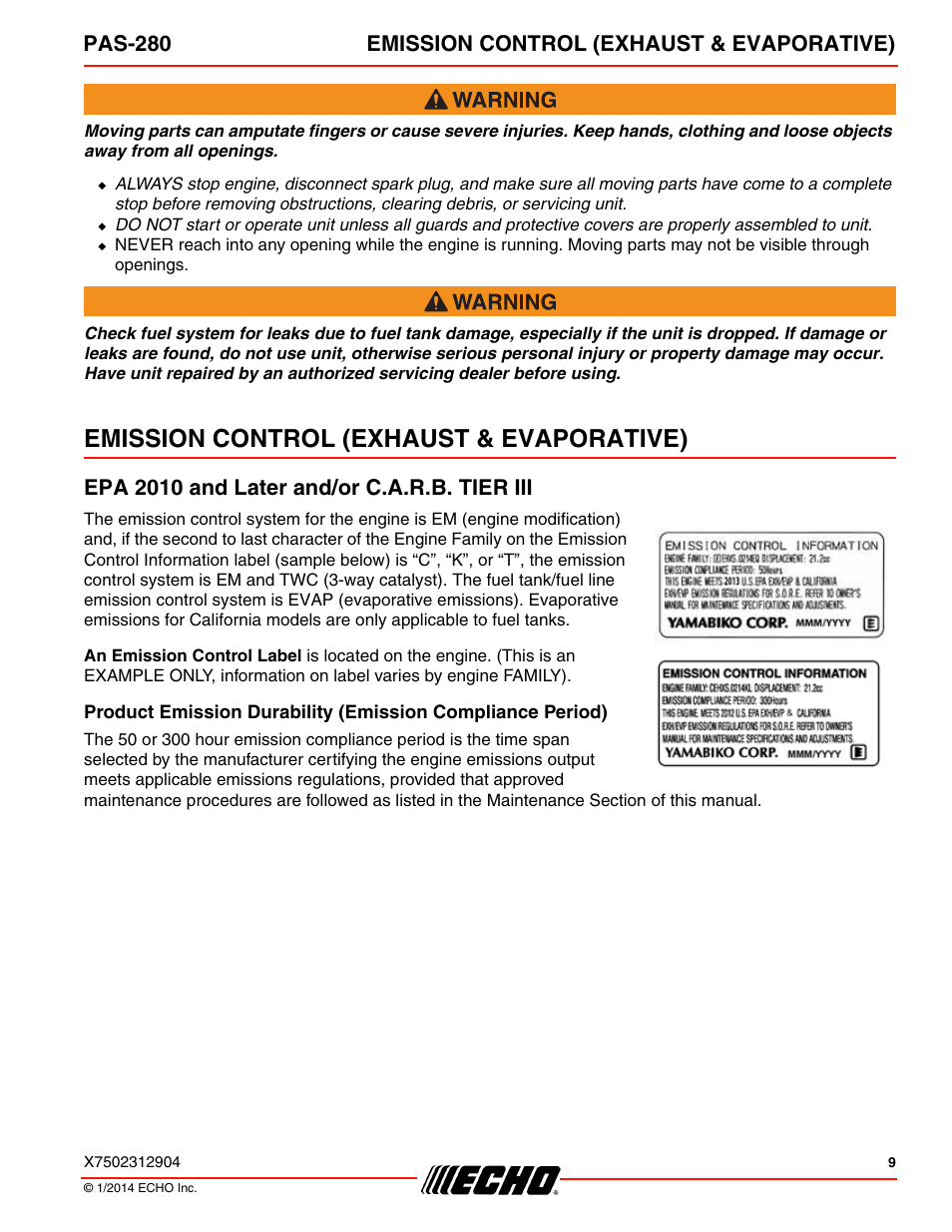 Emission control (exhaust & evaporative), Epa 2010 and later and/or c.a.r.b. tier iii, Pas-280 emission control (exhaust & evaporative) | Echo PAS-280 User Manual | Page 9 / 32