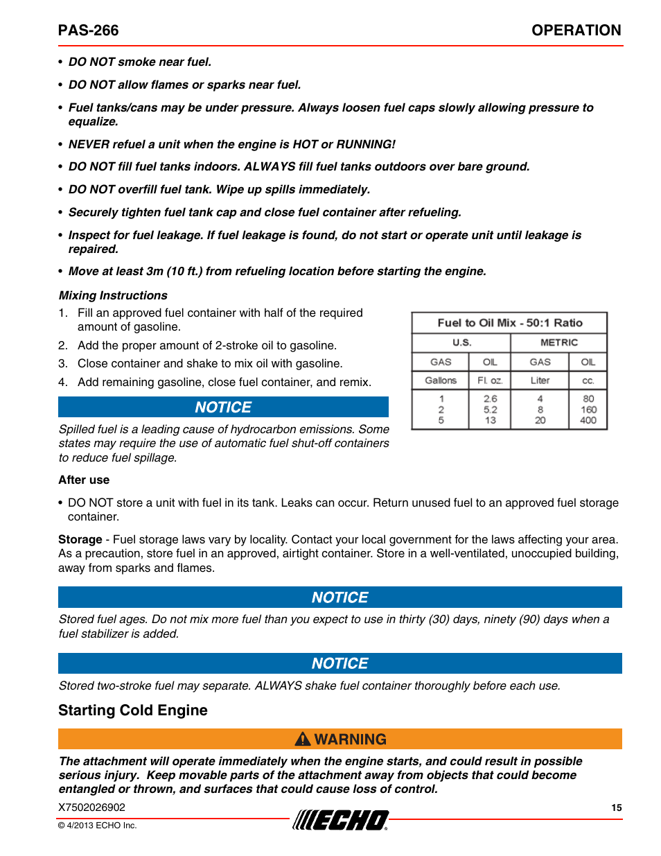 Starting cold engine, Pas-266 operation | Echo PAS-266 User Manual | Page 15 / 32