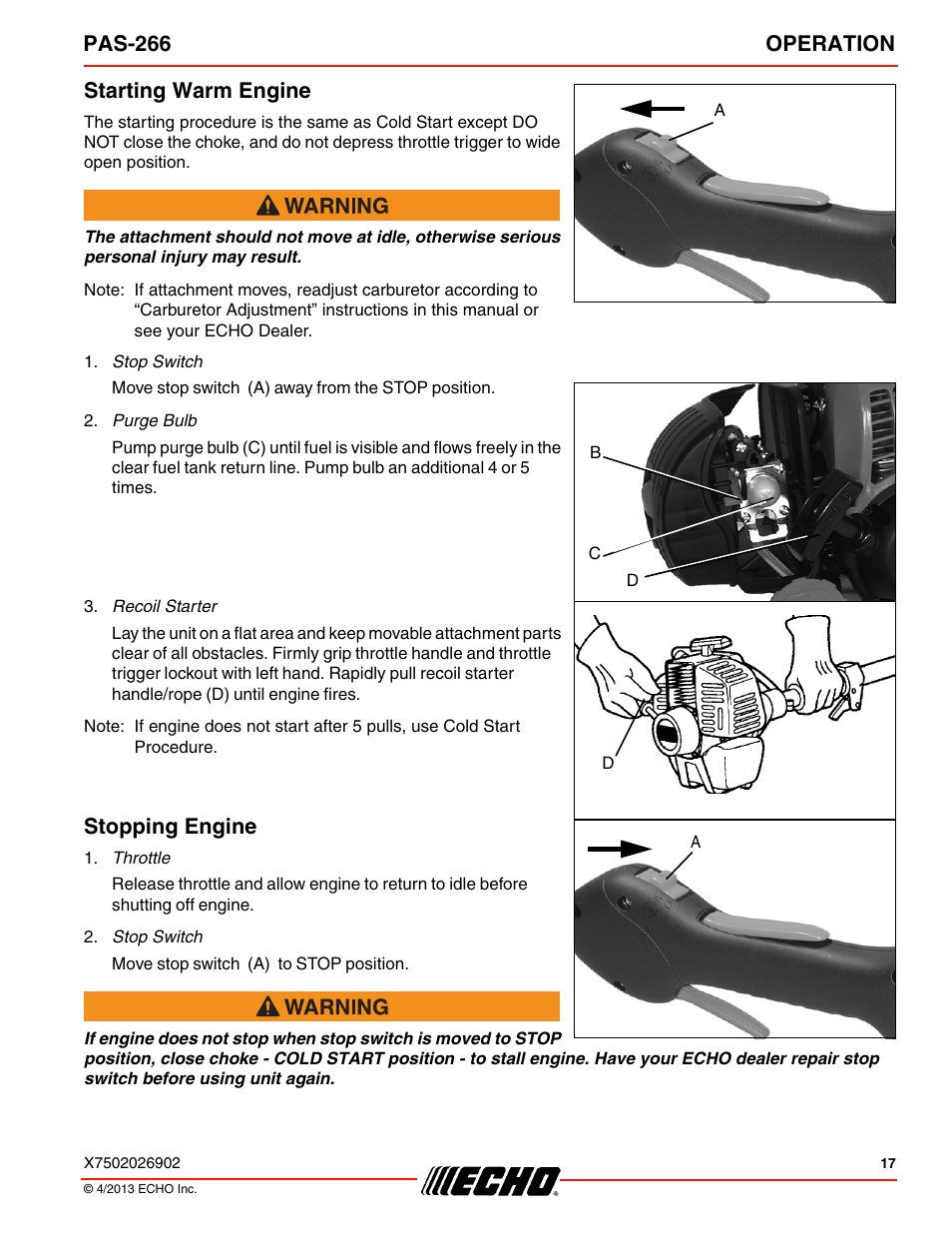 Starting warm engine, Stopping engine, Starting warm engine stopping engine | Pas-266 operation | Echo PAS-266 User Manual | Page 17 / 32