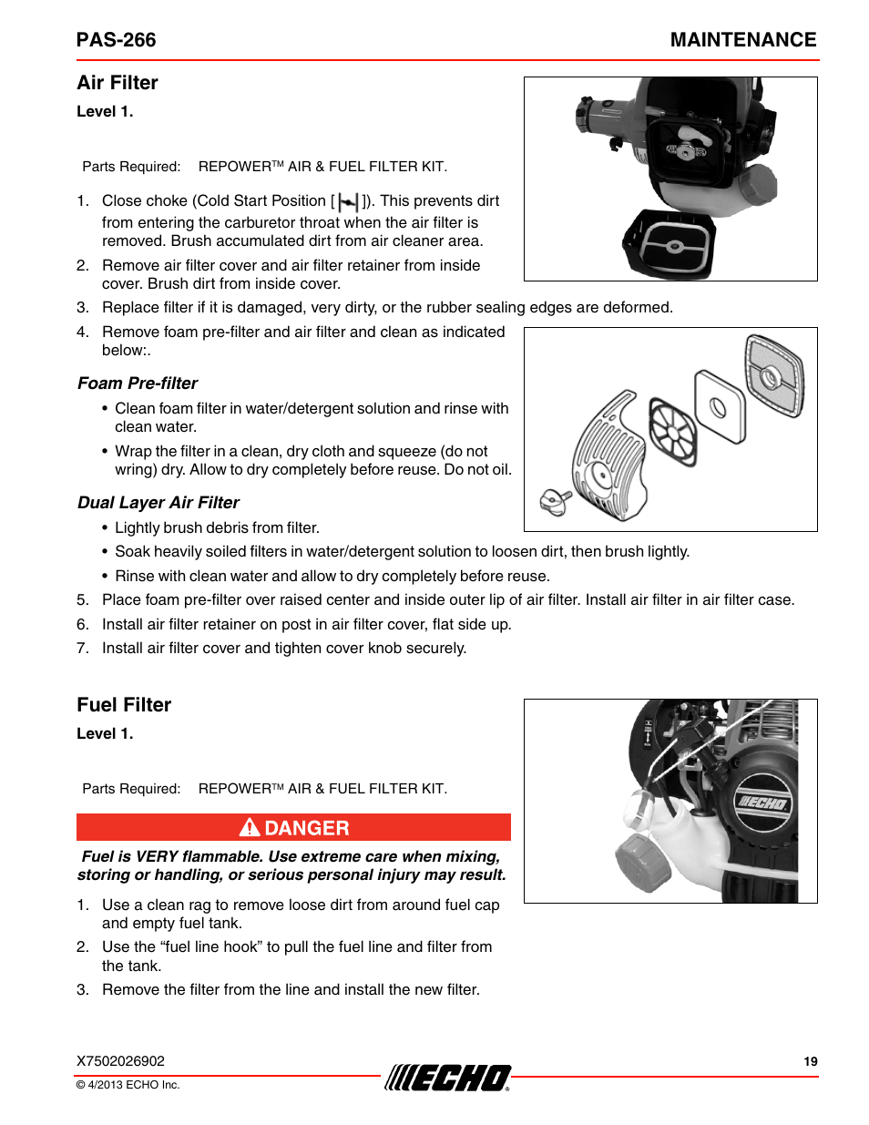 Air filter, Foam pre-filter, Dual layer air filter | Fuel filter, Air filter fuel filter, Pas-266 maintenance | Echo PAS-266 User Manual | Page 19 / 32