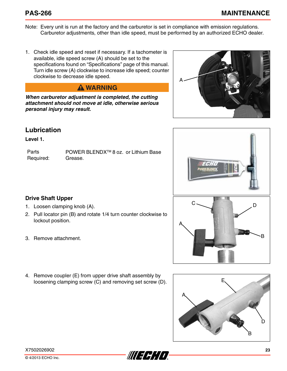 Lubrication, Drive shaft upper, Pas-266 maintenance | Echo PAS-266 User Manual | Page 23 / 32