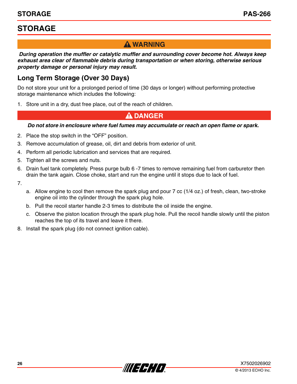 Storage, Long term storage (over 30 days), Storage pas-266 | Echo PAS-266 User Manual | Page 26 / 32