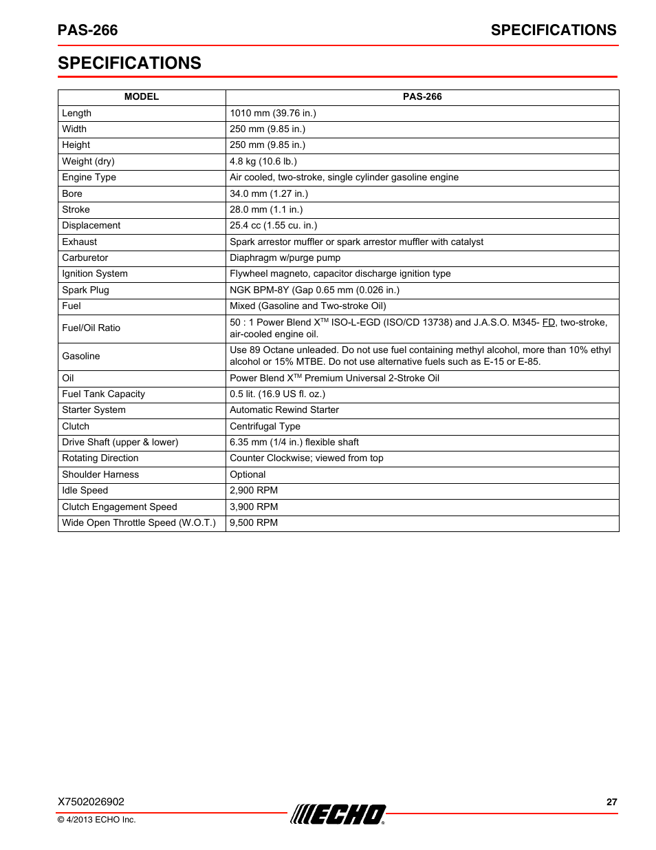 Specifications, Pas-266 specifications | Echo PAS-266 User Manual | Page 27 / 32