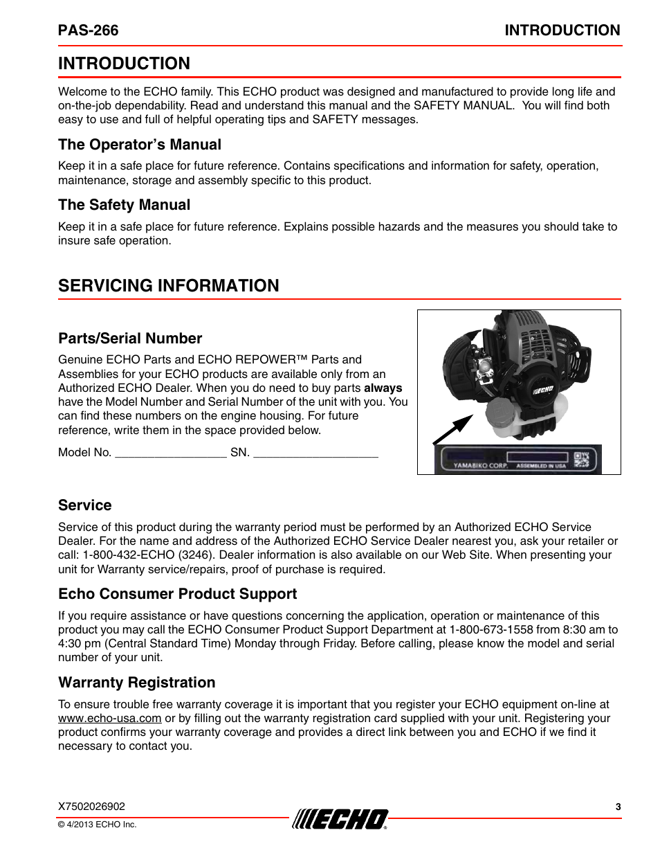 Introduction, The operator’s manual, The safety manual | Servicing information, Parts/serial number, Service, Echo consumer product support, Warranty registration, The operator’s manual the safety manual | Echo PAS-266 User Manual | Page 3 / 32