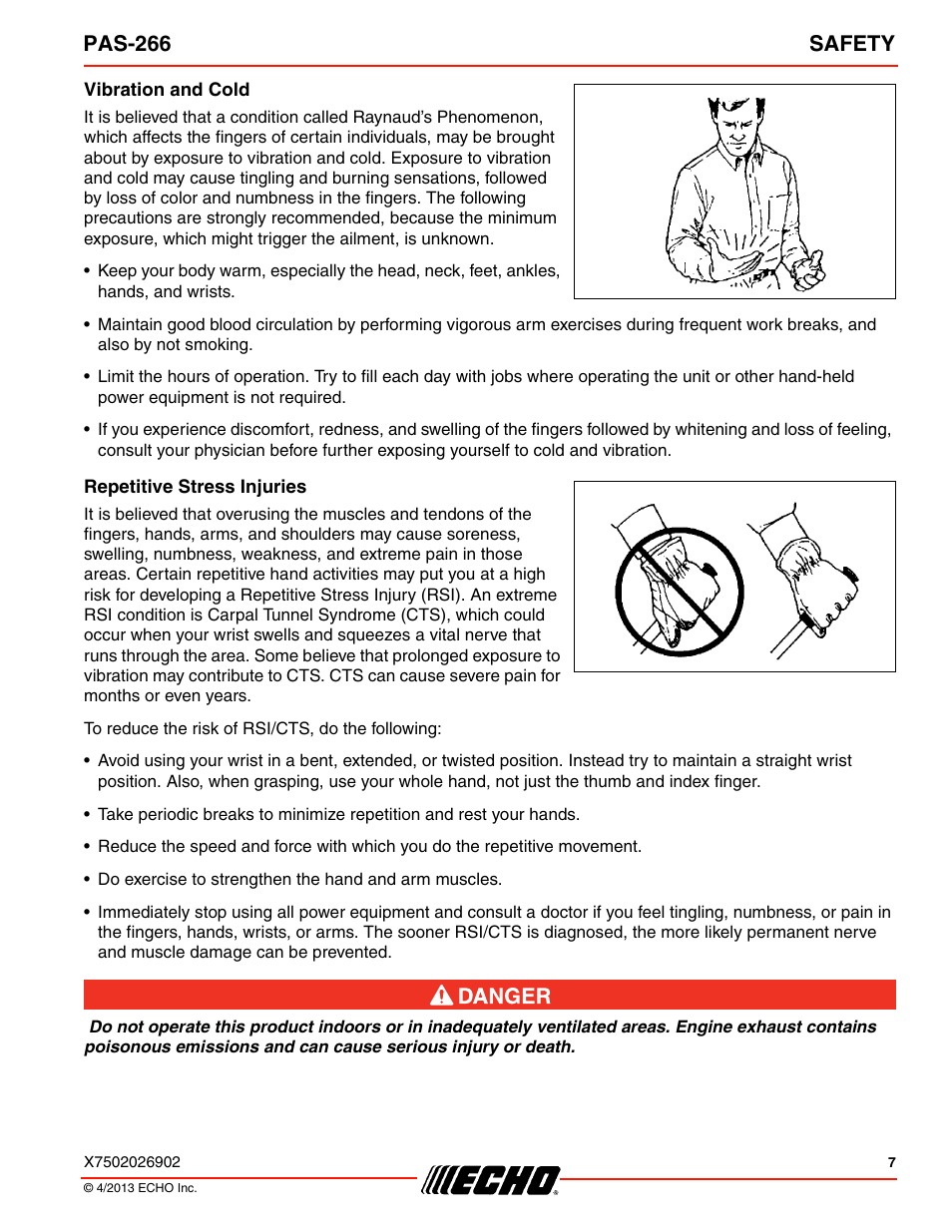 Vibration and cold, Repetitive stress injuries, Pas-266 safety | Echo PAS-266 User Manual | Page 7 / 32