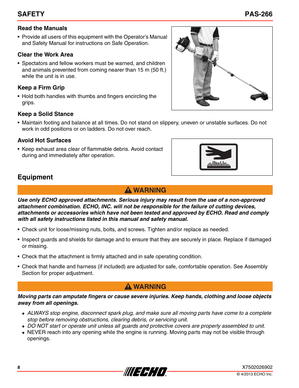 Read the manuals, Clear the work area, Keep a firm grip | Keep a solid stance, Avoid hot surfaces, Equipment, Safety pas-266 | Echo PAS-266 User Manual | Page 8 / 32