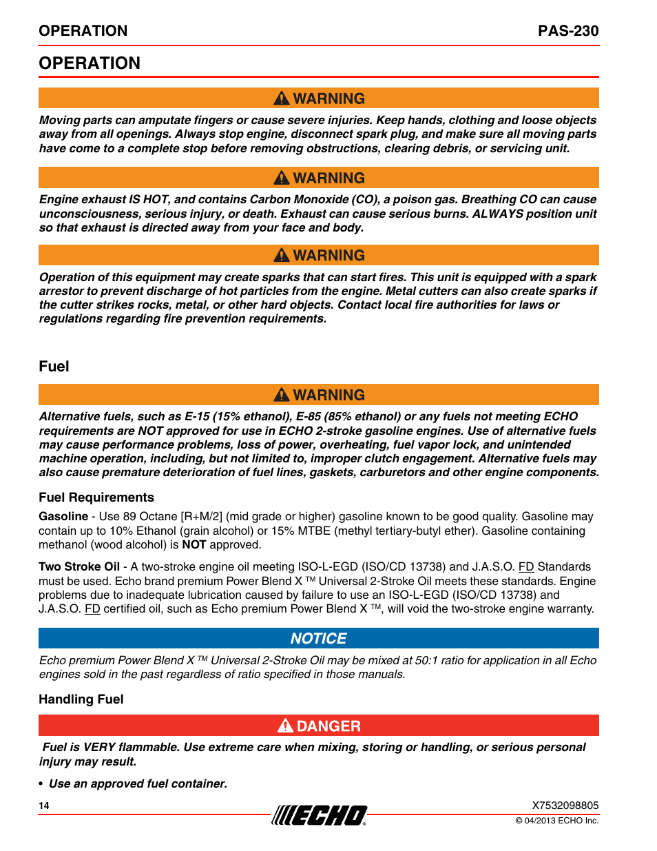 Operation, Fuel, Fuel requirements | Handling fuel, Operation pas-230 | Echo PAS-230 User Manual | Page 14 / 32