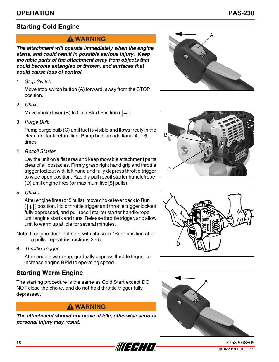 Starting cold engine, Starting warm engine, Operation pas-230 starting cold engine | Echo PAS-230 User Manual | Page 16 / 32