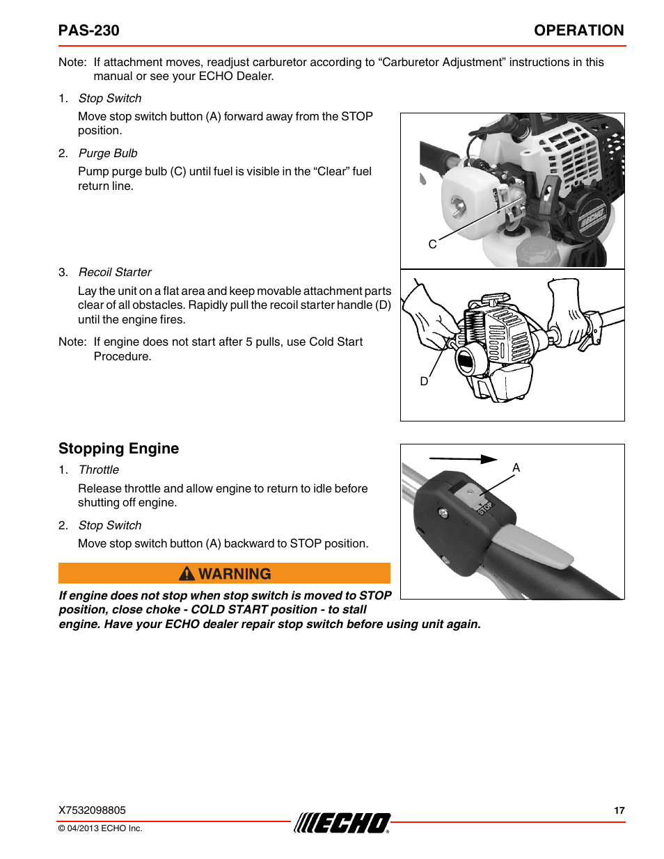 Stopping engine, Pas-230 operation | Echo PAS-230 User Manual | Page 17 / 32