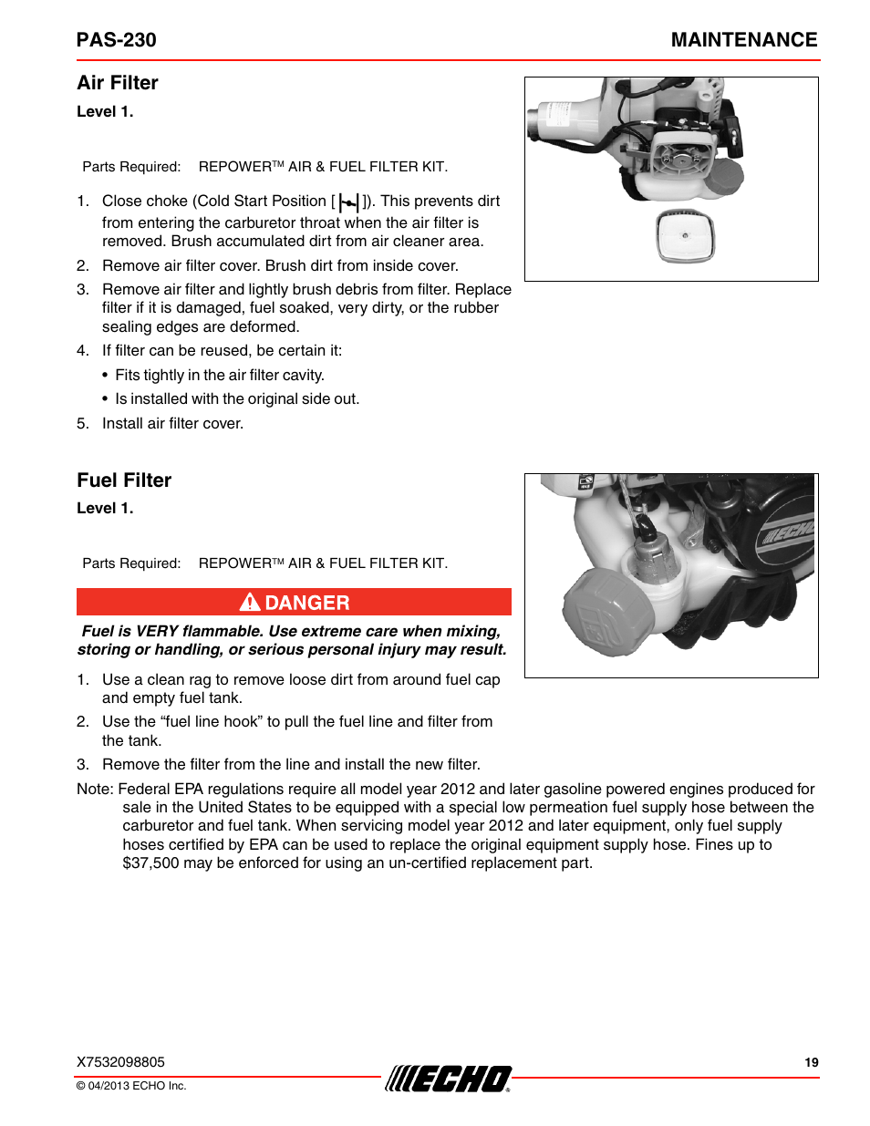 Air filter, Fuel filter, Pas-230 maintenance | Echo PAS-230 User Manual | Page 19 / 32