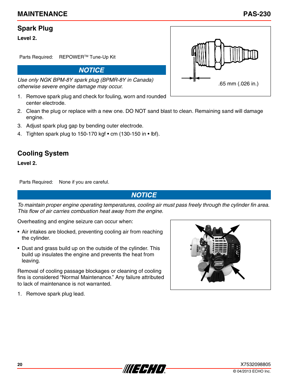 Spark plug, Cooling system, Maintenance pas-230 spark plug | Echo PAS-230 User Manual | Page 20 / 32