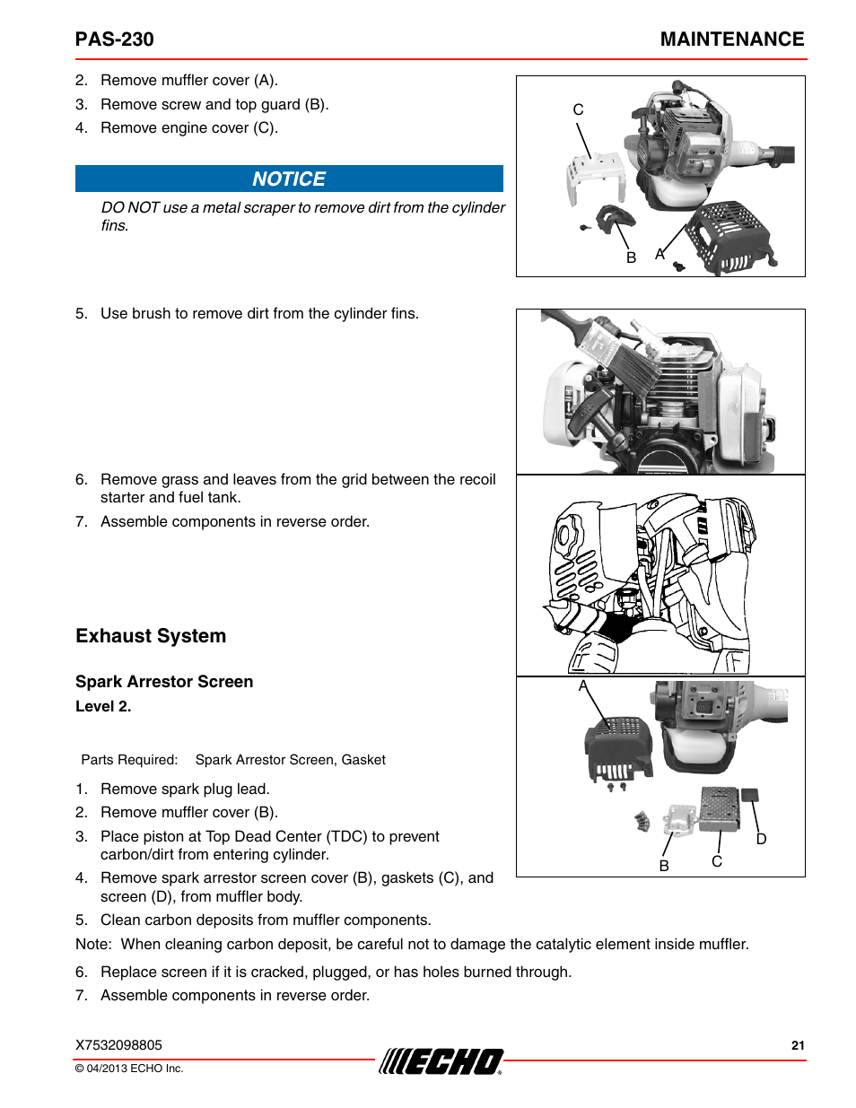 Exhaust system, Spark arrestor screen, Pas-230 maintenance | Echo PAS-230 User Manual | Page 21 / 32