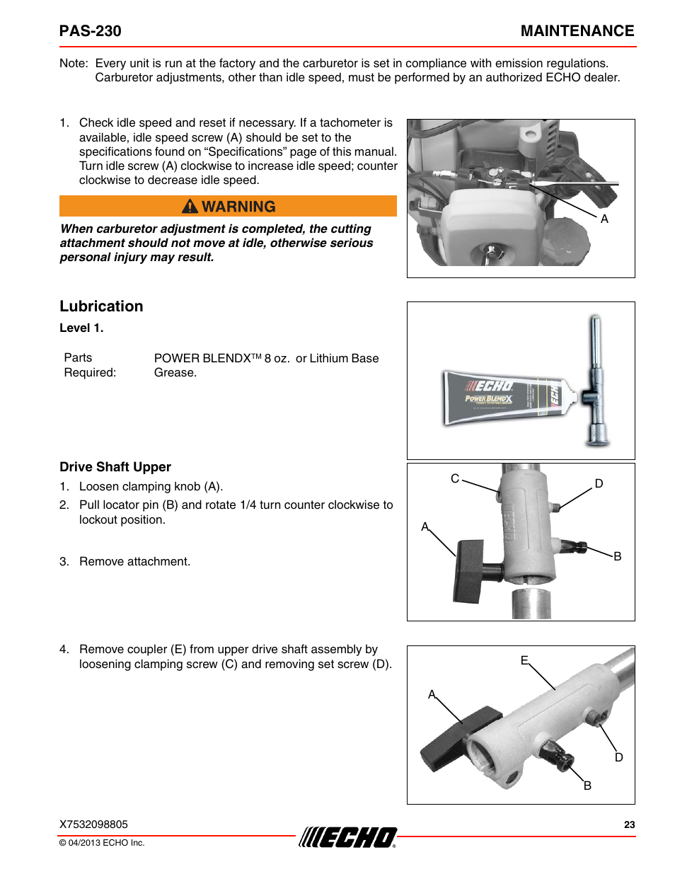Lubrication, Drive shaft upper, Pas-230 maintenance | Echo PAS-230 User Manual | Page 23 / 32