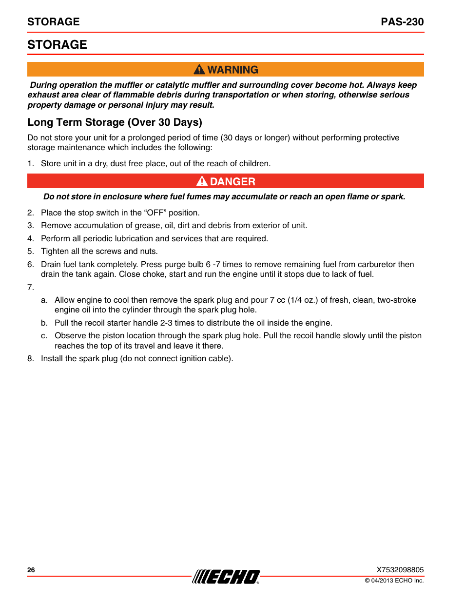 Storage, Long term storage (over 30 days), Storage pas-230 | Echo PAS-230 User Manual | Page 26 / 32