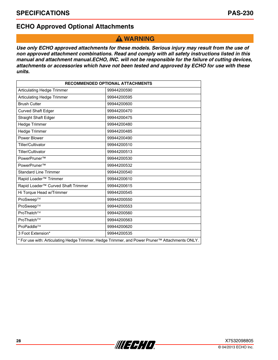 Echo approved optional attachments | Echo PAS-230 User Manual | Page 28 / 32