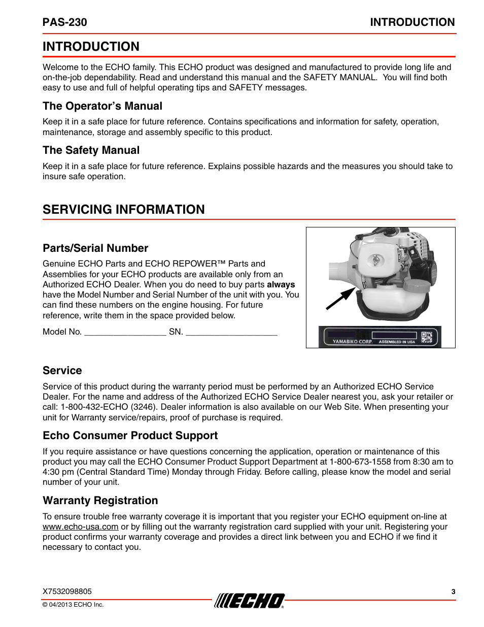 Introduction, The operator’s manual, The safety manual | Servicing information, Parts/serial number, Service, Echo consumer product support, Warranty registration | Echo PAS-230 User Manual | Page 3 / 32
