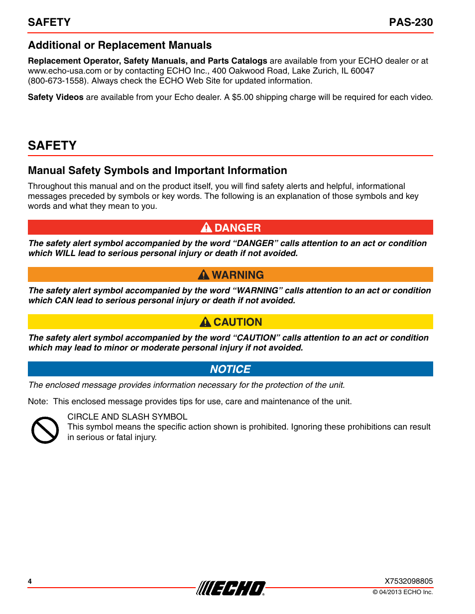 Additional or replacement manuals, Safety, Manual safety symbols and important information | Echo PAS-230 User Manual | Page 4 / 32