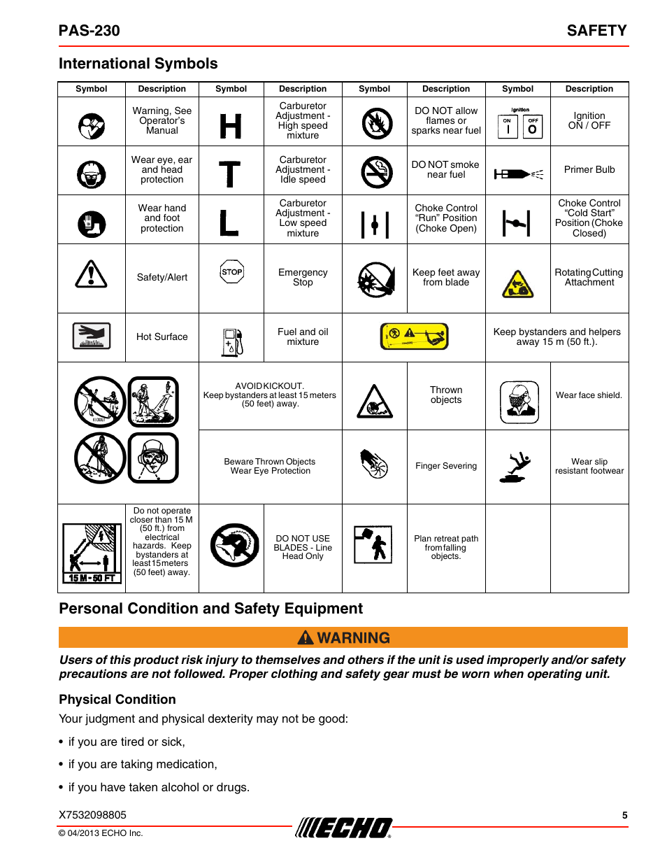 International symbols, Personal condition and safety equipment, Physical condition | Pas-230 safety | Echo PAS-230 User Manual | Page 5 / 32