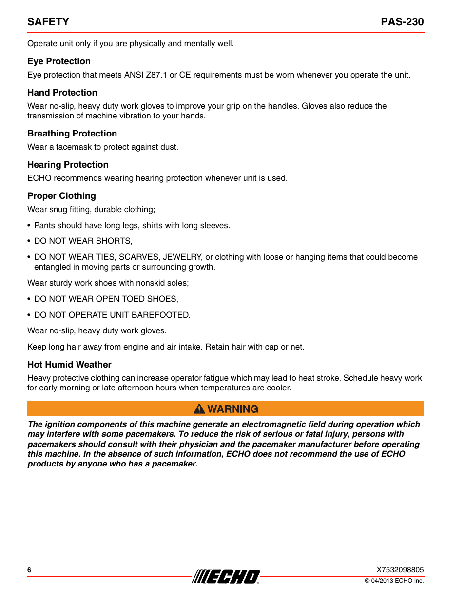 Eye protection, Hand protection, Breathing protection | Hearing protection, Proper clothing, Hot humid weather, Safety pas-230 | Echo PAS-230 User Manual | Page 6 / 32