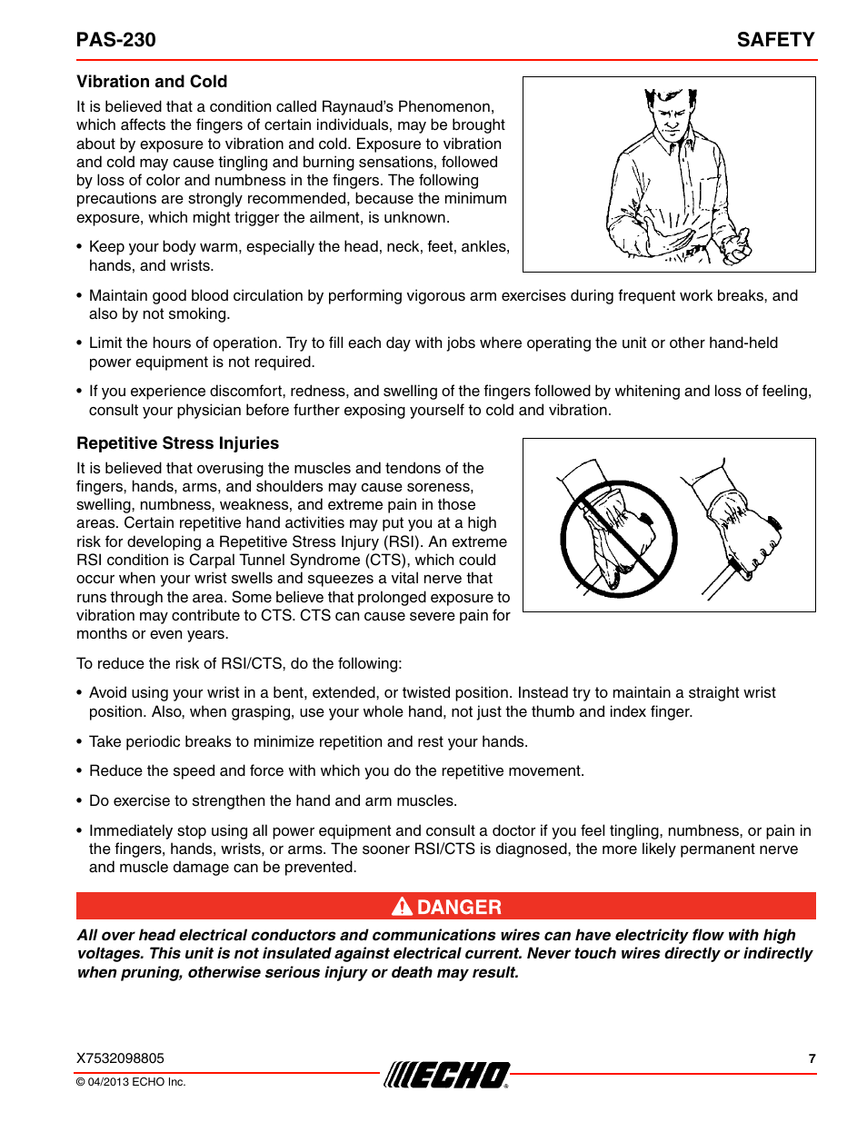 Vibration and cold, Repetitive stress injuries, Pas-230 safety | Echo PAS-230 User Manual | Page 7 / 32