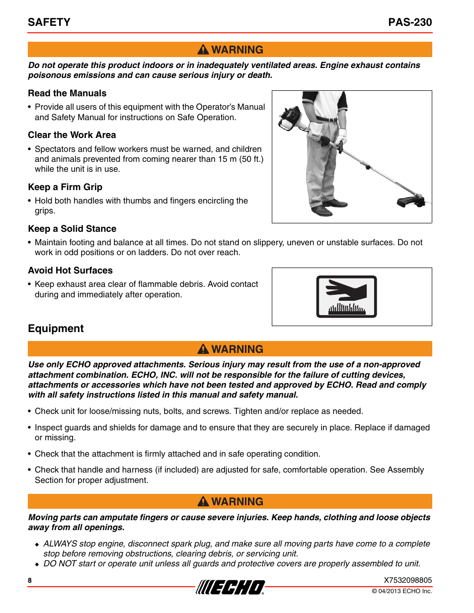 Read the manuals, Clear the work area, Keep a firm grip | Keep a solid stance, Avoid hot surfaces, Equipment, Safety pas-230 | Echo PAS-230 User Manual | Page 8 / 32