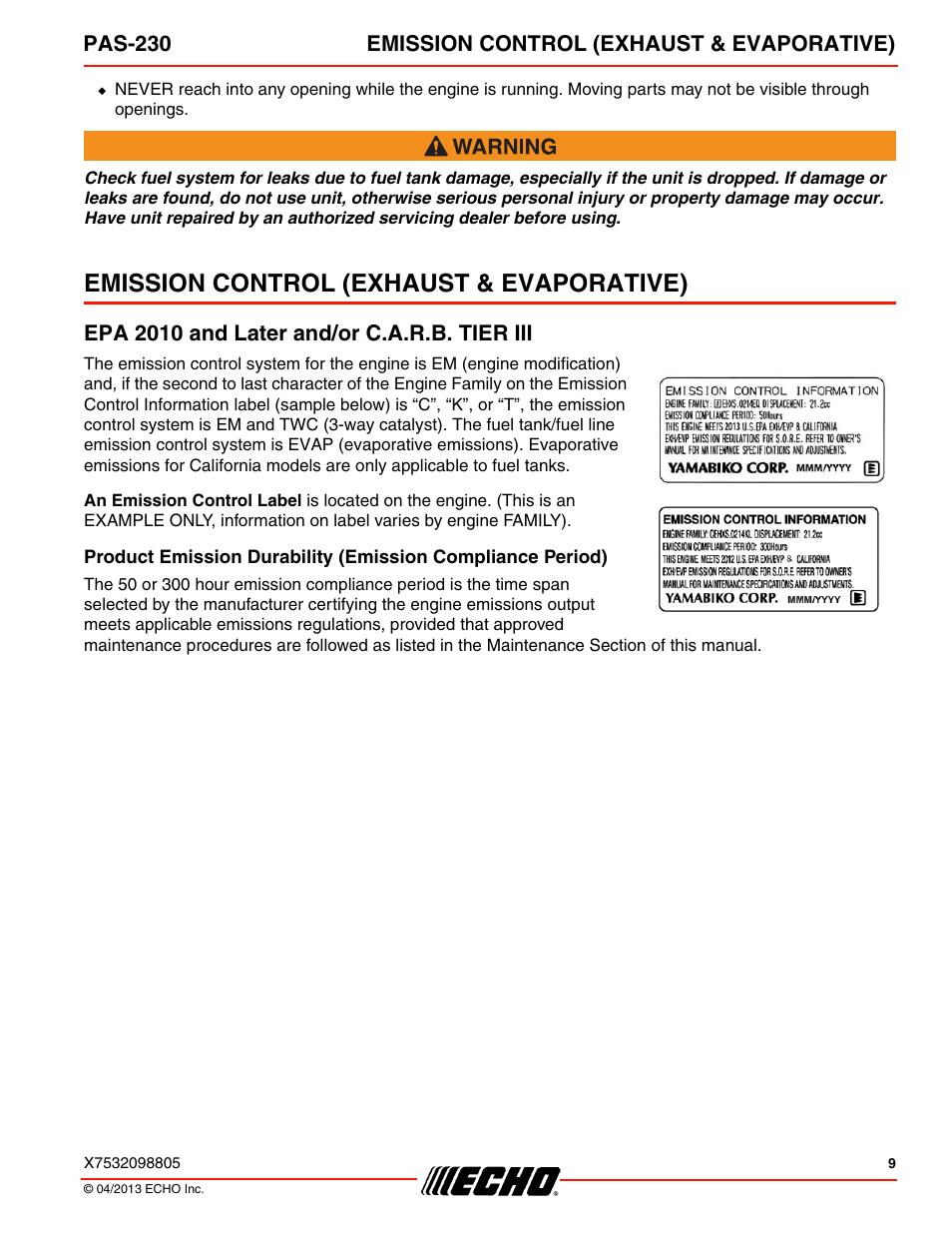 Emission control (exhaust & evaporative), Epa 2010 and later and/or c.a.r.b. tier iii, Pas-230 emission control (exhaust & evaporative) | Echo PAS-230 User Manual | Page 9 / 32