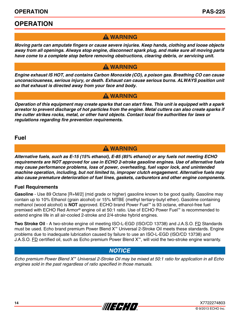 Operation, Fuel, Operation pas-225 | Echo PAS-225 User Manual | Page 14 / 32