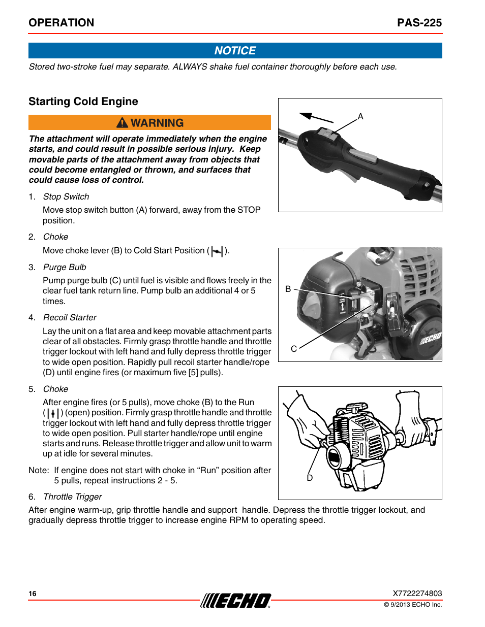 Starting cold engine, Operation pas-225 | Echo PAS-225 User Manual | Page 16 / 32