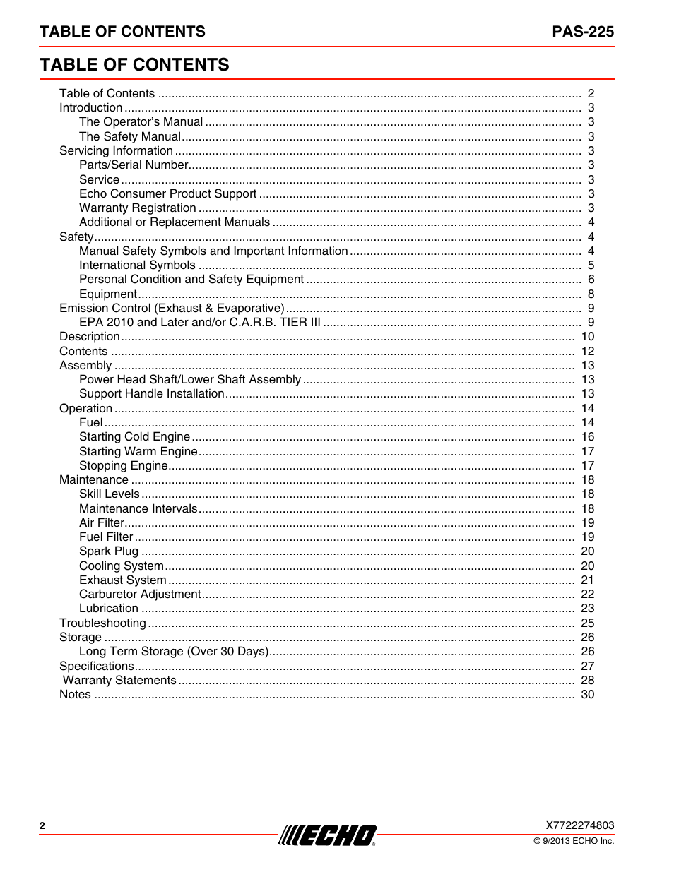 Echo PAS-225 User Manual | Page 2 / 32