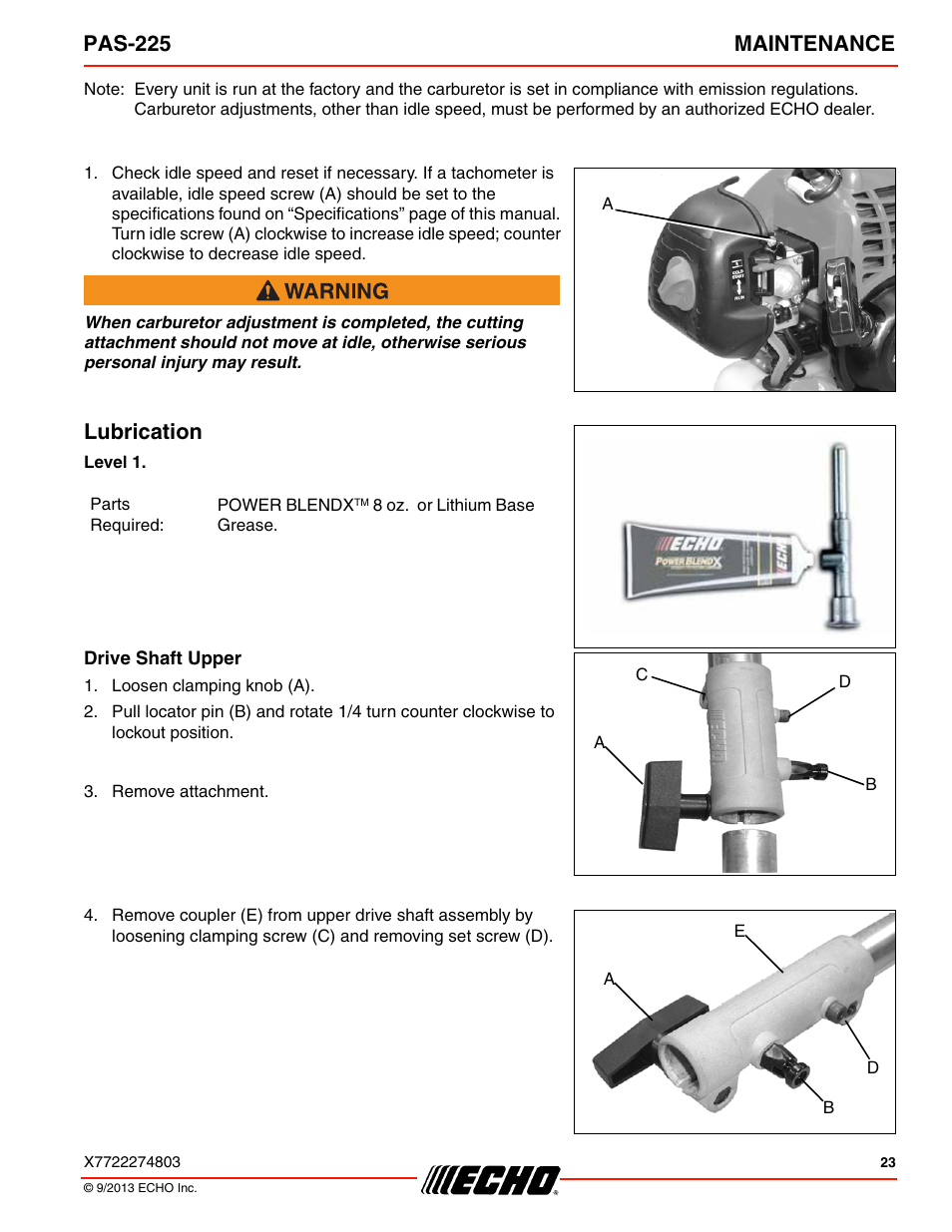 Lubrication, Pas-225 maintenance | Echo PAS-225 User Manual | Page 23 / 32