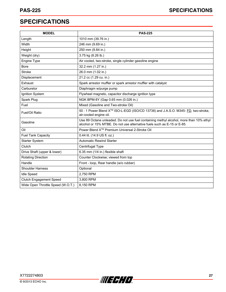 Specifications, Pas-225 specifications | Echo PAS-225 User Manual | Page 27 / 32