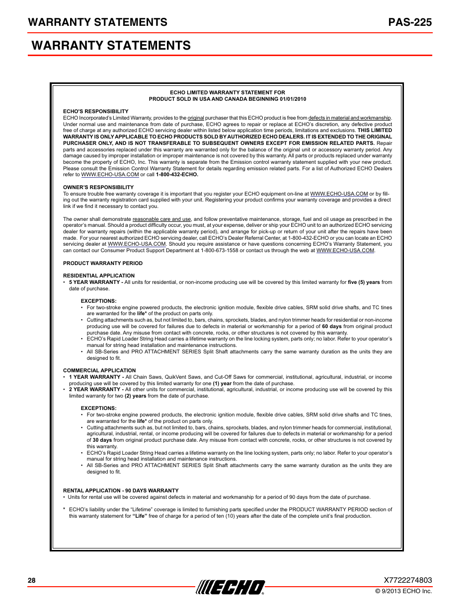 Warranty statements, Warranty statements pas-225 | Echo PAS-225 User Manual | Page 28 / 32