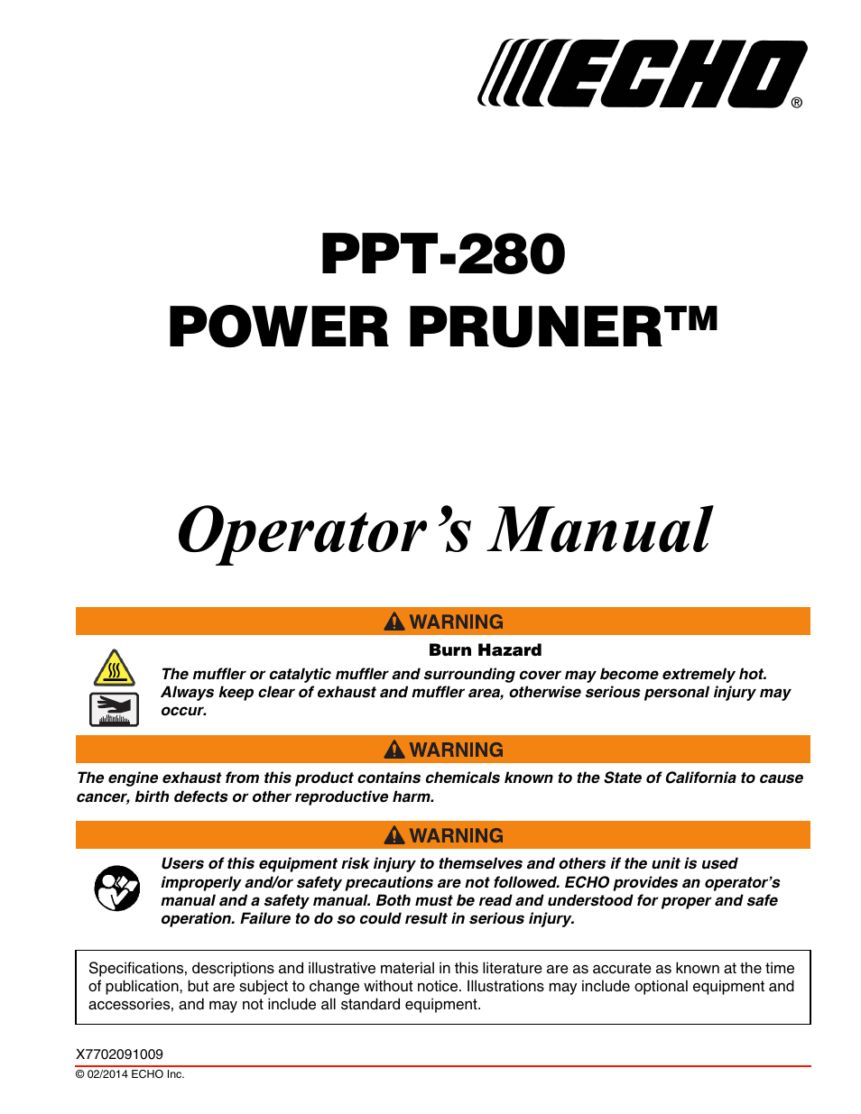 Echo PPT-280 Serial E08612005942 - E08612999999 User Manual | 40 pages