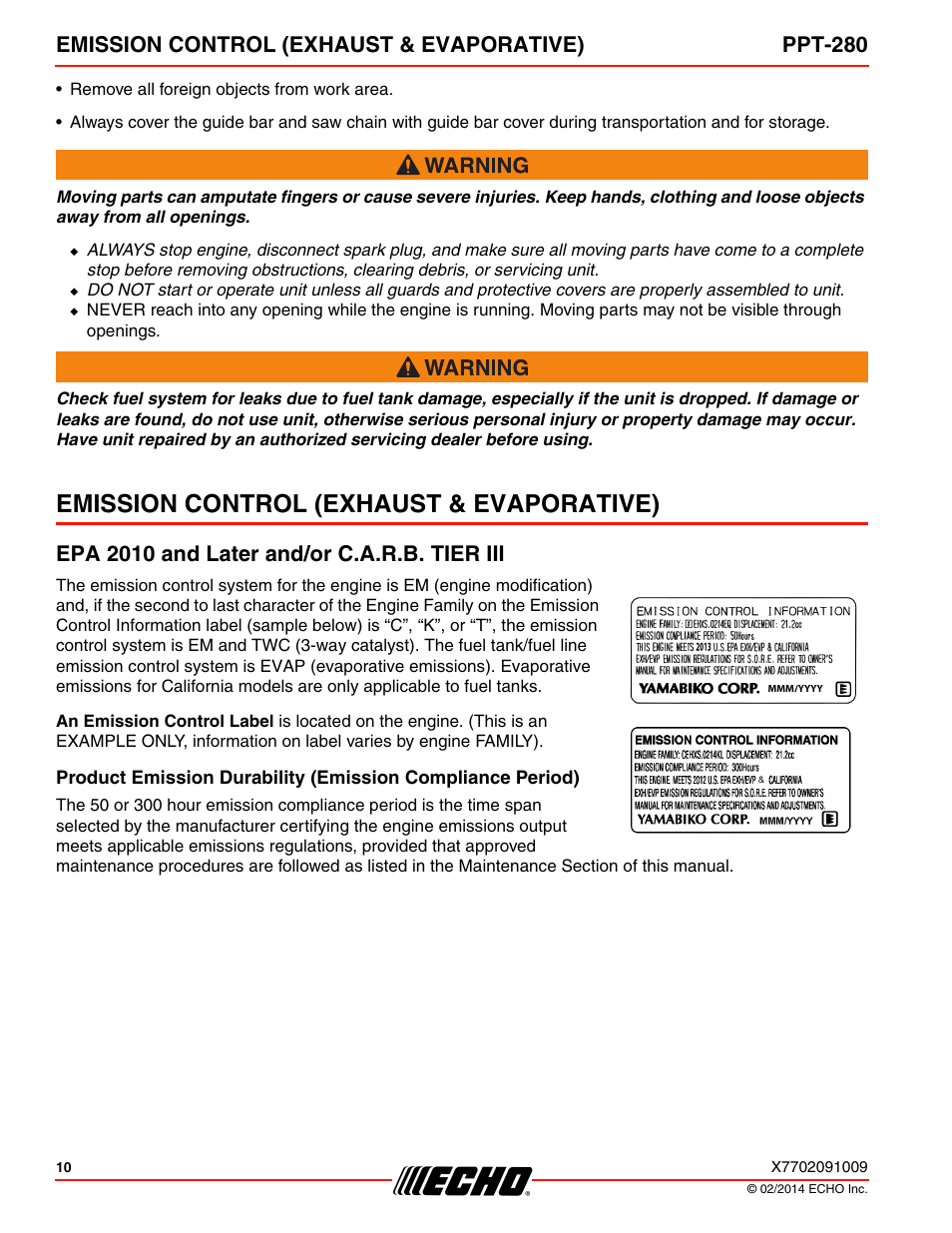 Emission control (exhaust & evaporative), Epa 2010 and later and/or c.a.r.b. tier iii, Emission control (exhaust & evaporative) ppt-280 | Echo PPT-280 Serial E08612005942 - E08612999999 User Manual | Page 10 / 40