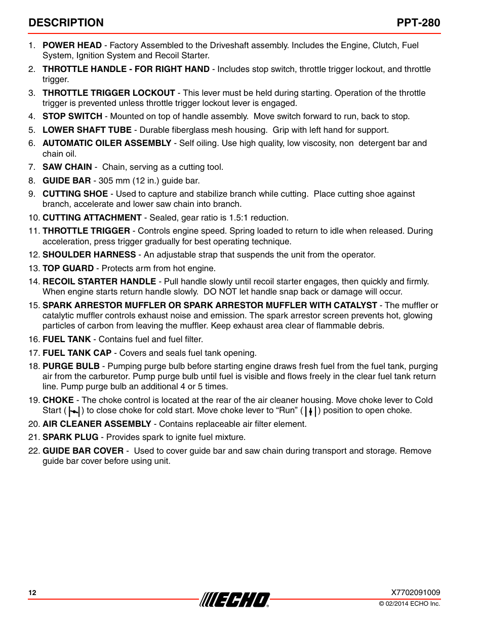 Description ppt-280 | Echo PPT-280 Serial E08612005942 - E08612999999 User Manual | Page 12 / 40
